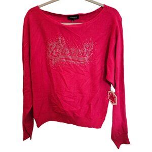 Calligraphie Long Sleeve Sweater Blessed Silver Rhinestones Hot Pink Size M NWT